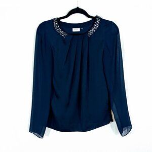 DKNYC Navy Blue Top With Beaded Neckline Size XS